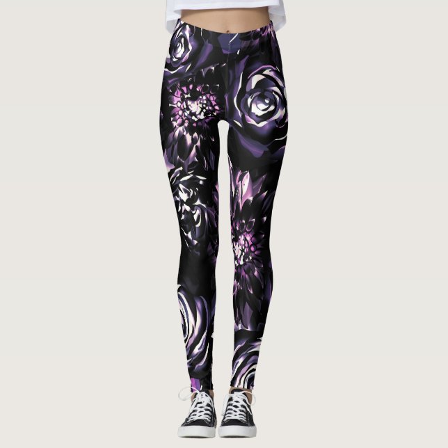 Dark Garden Bewitching Bold Purple Glam Flowers Leggings (Front)