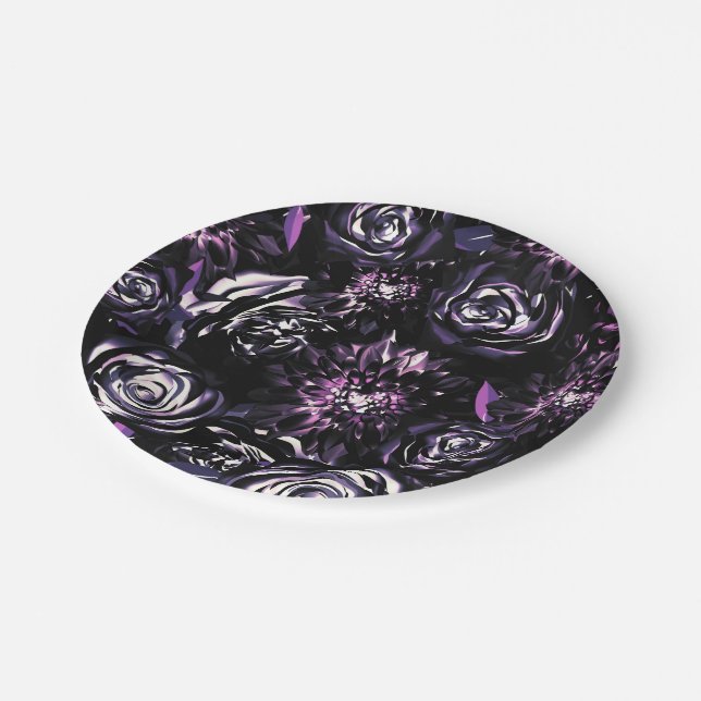 Dark Garden Bewitching Purple Glam Flowers Wedding Paper Plates (Angled)