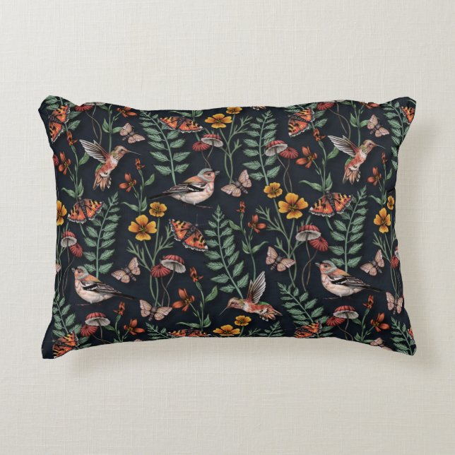 Dark Garden Birds & Butterflies Accent Pillow (Front)