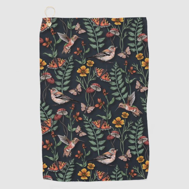 Dark Garden Birds & Butterflies Golf Towel (Front)