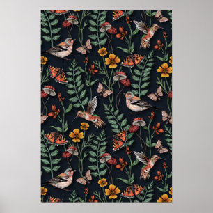 Dark Garden Birds & Butterflies Poster