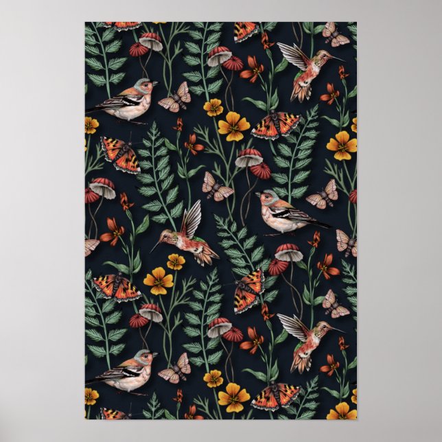 Dark Garden Birds & Butterflies Poster (Front)