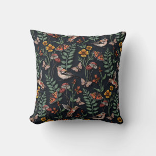 Dark Garden Birds & Butterflies Throw Pillow