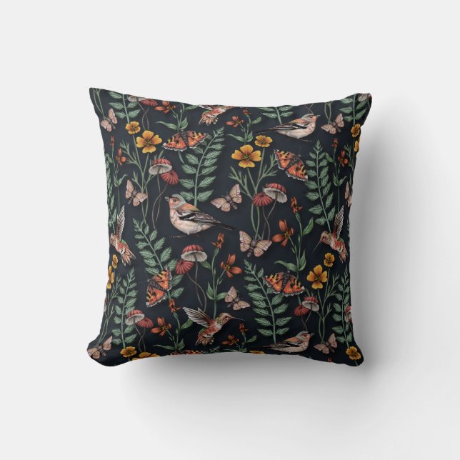Dark Garden Birds & Butterflies Throw Pillow (Front)