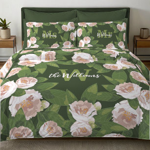 Dark Garden Harmony: Camellias and Greenery Duvet Cover