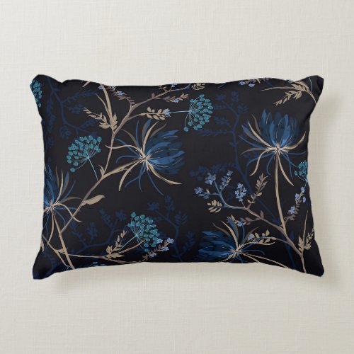 Dark Garden Monotone Blue Floral Accent Pillow