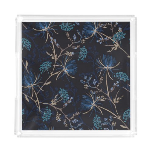 Dark Garden Monotone Blue Floral Acrylic Tray