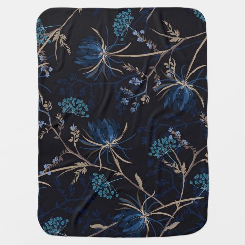 Dark Garden Monotone Blue Floral Baby Blanket