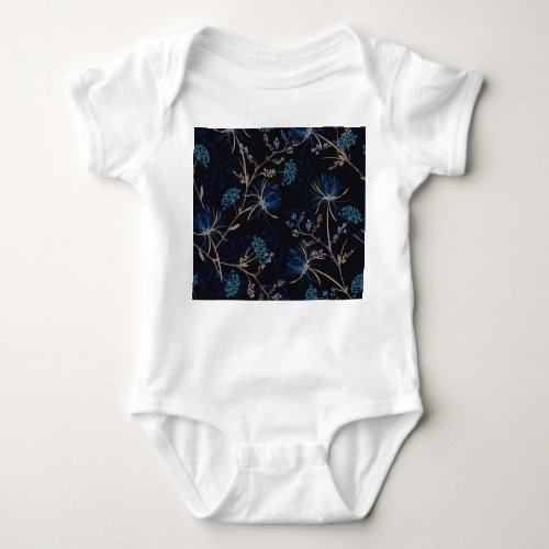Dark Garden Monotone Blue Floral Baby Bodysuit