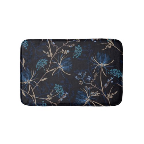 Dark Garden Monotone Blue Floral Bath Mat