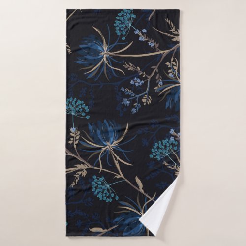 Dark Garden Monotone Blue Floral Bath Towel