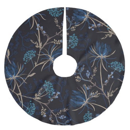 Dark Garden Monotone Blue Floral Brushed Polyester Tree Skirt