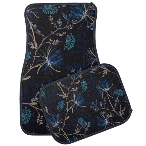 Dark Garden Monotone Blue Floral Car Floor Mat