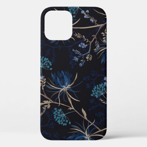Dark Garden Monotone Blue Floral iPhone 12 Case