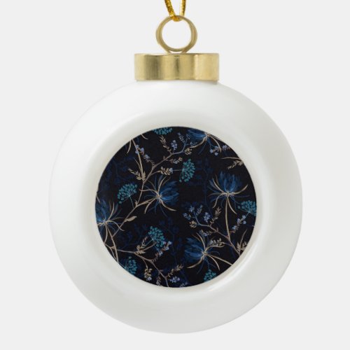 Dark Garden Monotone Blue Floral Ceramic Ball Christmas Ornament