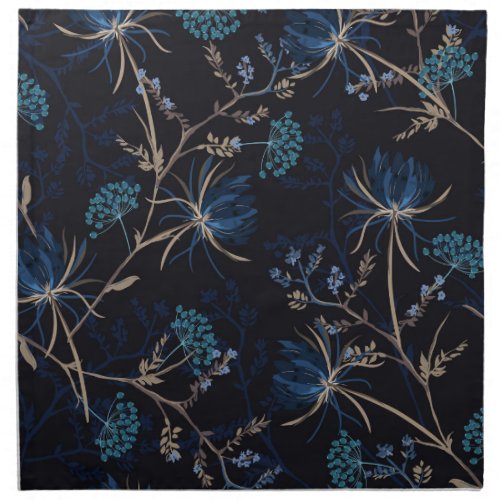 Dark Garden Monotone Blue Floral Cloth Napkin