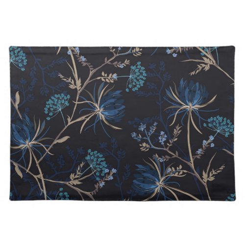 Dark Garden Monotone Blue Floral Cloth Placemat