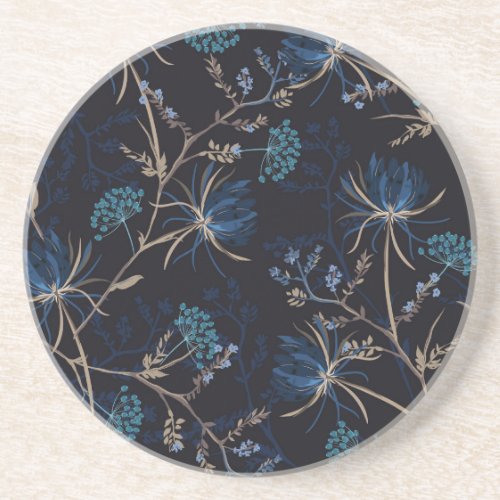 Dark Garden Monotone Blue Floral Coaster
