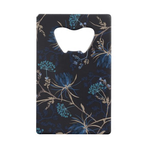 Dark Garden Monotone Blue Floral Credit Card Bottle Opener