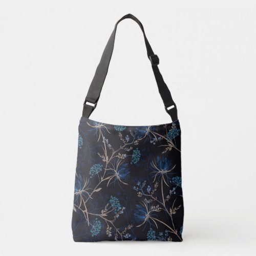 Dark Garden Monotone Blue Floral Crossbody Bag