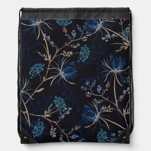Dark Garden Monotone Blue Floral Drawstring Bag