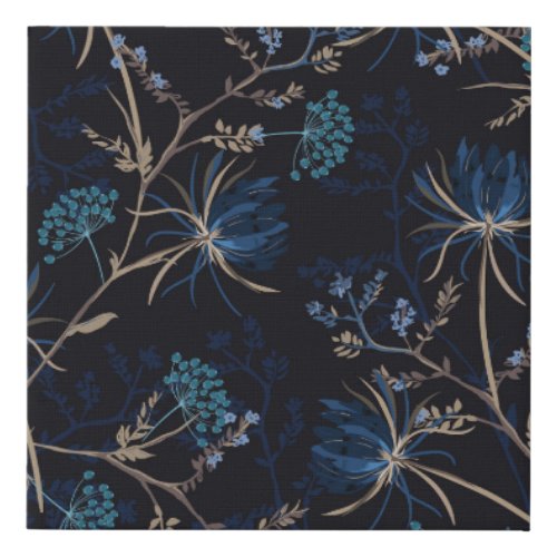 Dark Garden Monotone Blue Floral Faux Canvas Print
