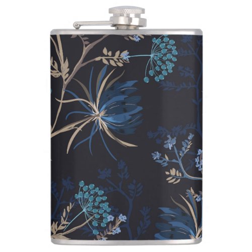 Dark Garden Monotone Blue Floral Flask