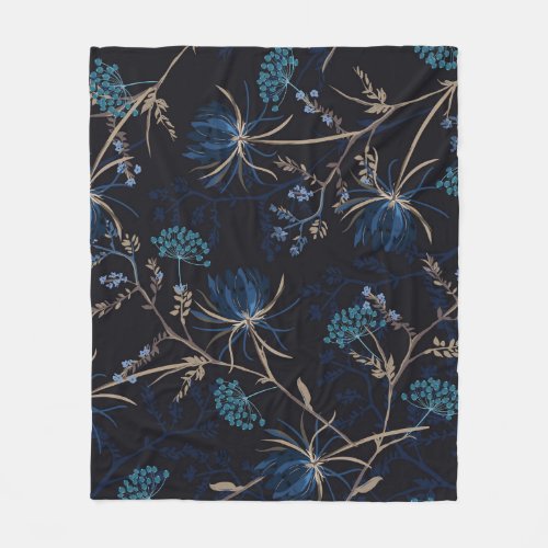 Dark Garden Monotone Blue Floral Fleece Blanket