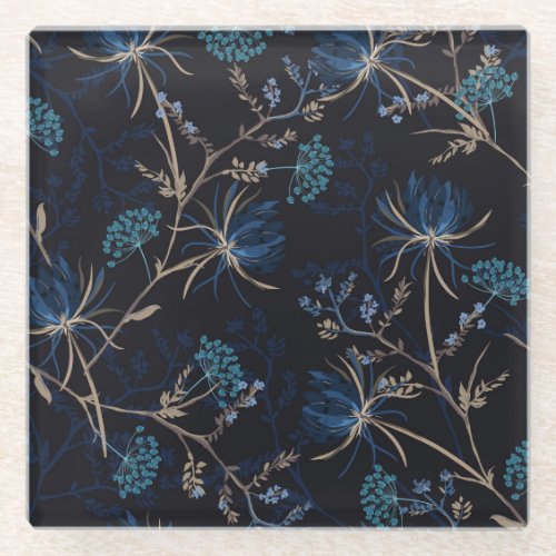Dark Garden Monotone Blue Floral Glass Coaster