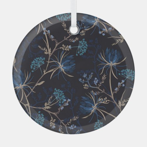 Dark Garden Monotone Blue Floral Glass Ornament