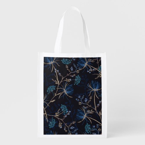 Dark Garden Monotone Blue Floral Grocery Bag