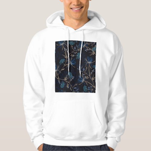 Dark Garden Monotone Blue Floral Hoodie