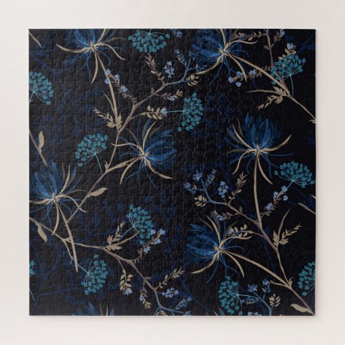 Dark Garden Monotone Blue Floral Jigsaw Puzzle