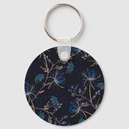 Dark Garden Monotone Blue Floral Keychain
