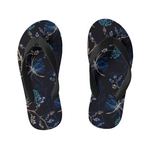 Dark Garden Monotone Blue Floral Kids Flip Flops