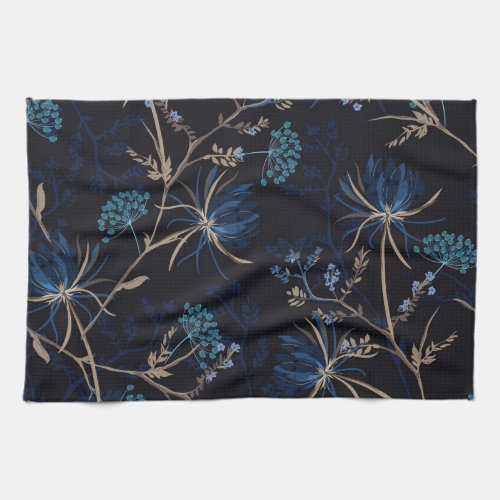 Dark Garden Monotone Blue Floral Kitchen Towel