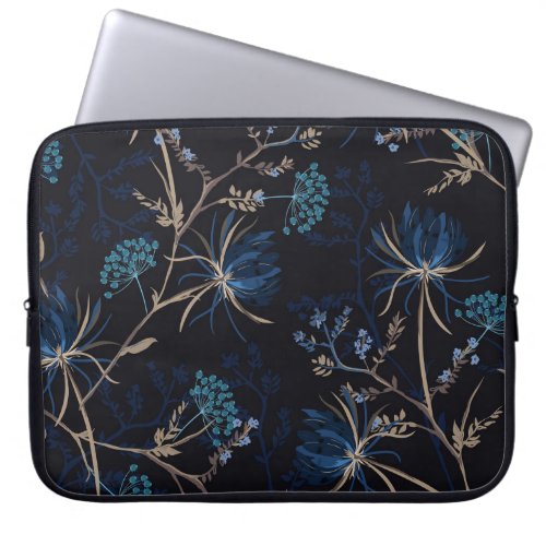 Dark Garden Monotone Blue Floral Laptop Sleeve