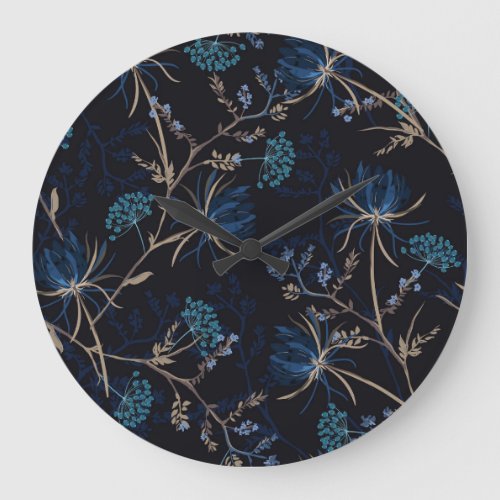 Dark Garden Monotone Blue Floral Large Clock