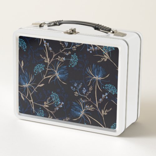 Dark Garden Monotone Blue Floral Metal Lunch Box