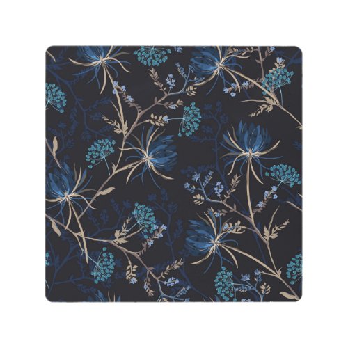 Dark Garden Monotone Blue Floral Metal Print