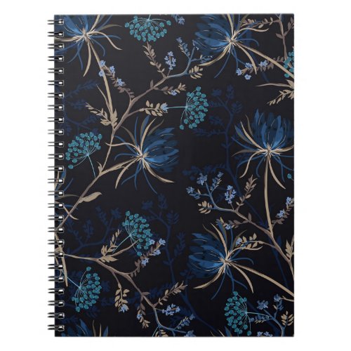 Dark Garden Monotone Blue Floral Notebook