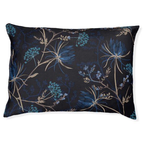 Dark Garden Monotone Blue Floral Pet Bed