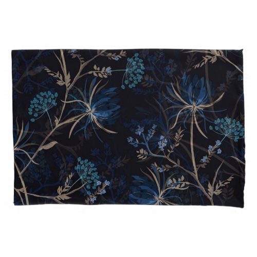 Dark Garden Monotone Blue Floral Pillow Case