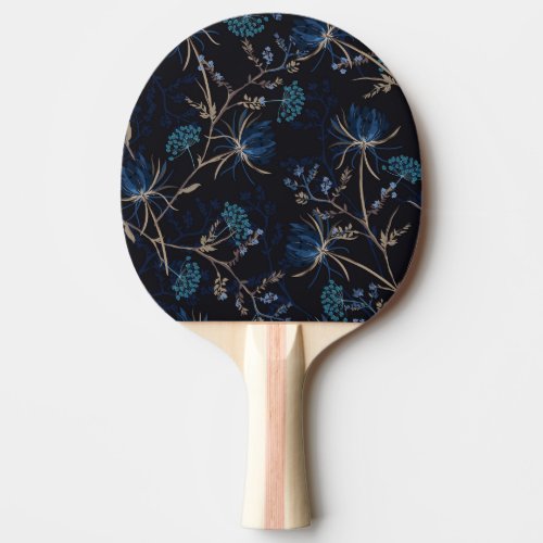 Dark Garden Monotone Blue Floral Ping Pong Paddle