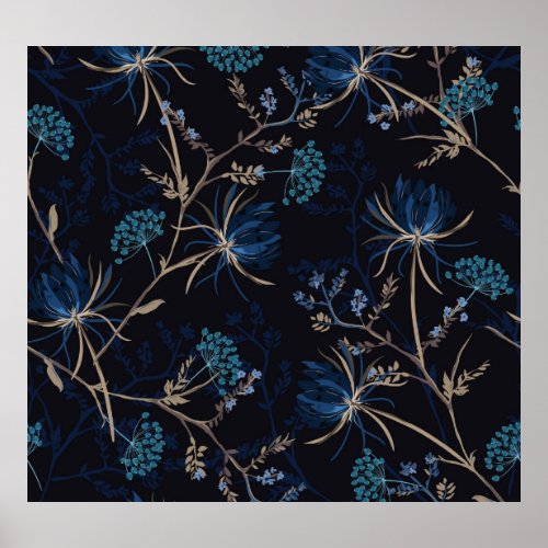Dark Garden Monotone Blue Floral Poster
