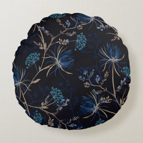 Dark Garden Monotone Blue Floral Round Pillow