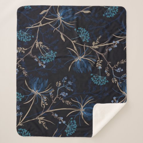 Dark Garden Monotone Blue Floral Sherpa Blanket