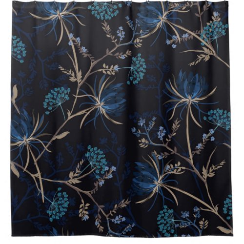 Dark Garden Monotone Blue Floral Shower Curtain