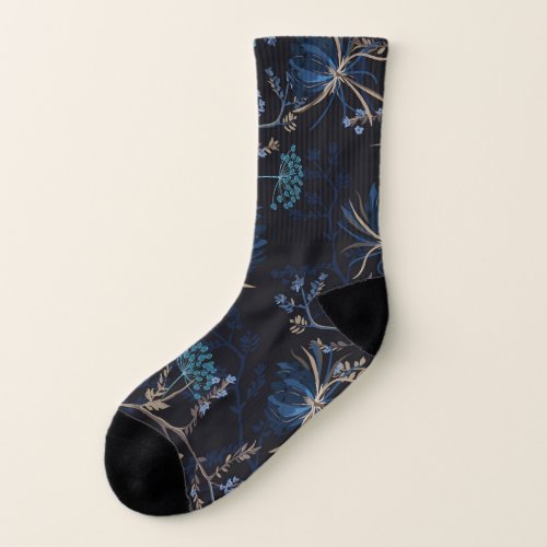 Dark Garden Monotone Blue Floral Socks