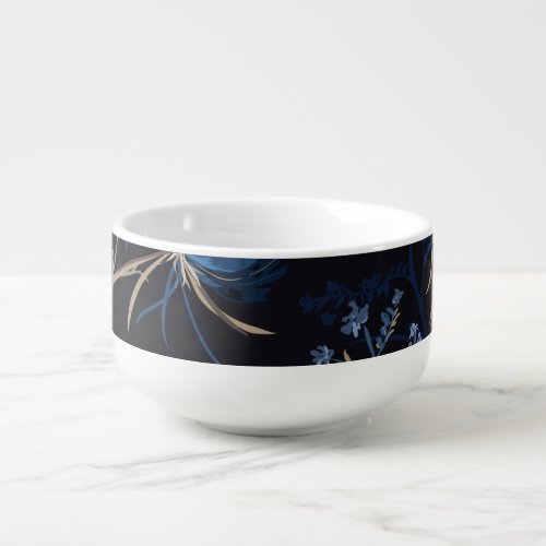 Dark Garden Monotone Blue Floral Soup Mug